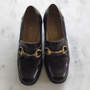 Vintage Gucci high heel horse-bit loafers.